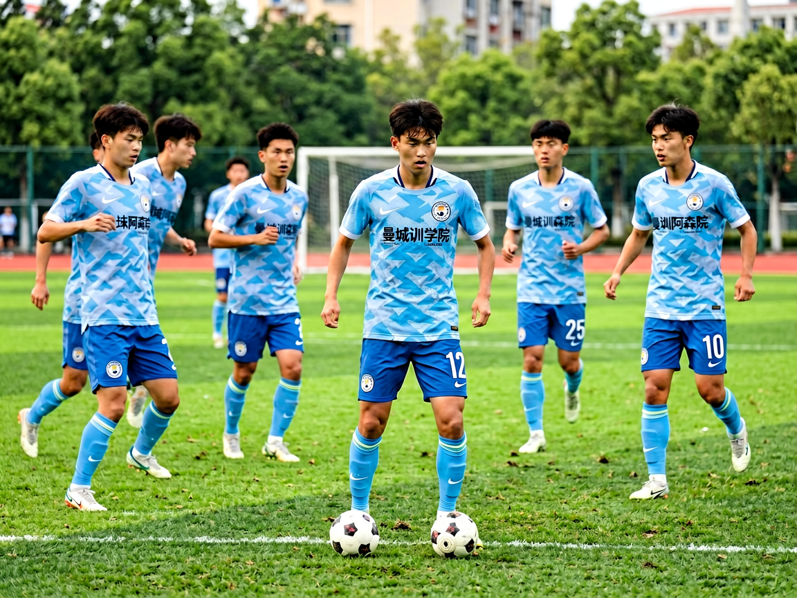 足球青训学院中年轻球员训练的场景，展现足球人才培养